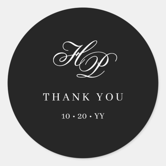 Elegant Monogram Initiaal Zwart & Wit Trouwen Ronde Sticker (Voorkant)