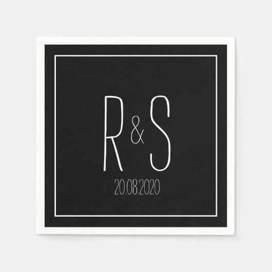Elegant Monogram Initiaal Zwart Wit Trouwfeest Servet (Voorkant)