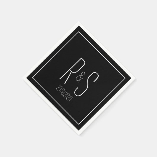 Elegant Monogram Initiaal Zwart Wit Trouwfeest Servet (Hoek)