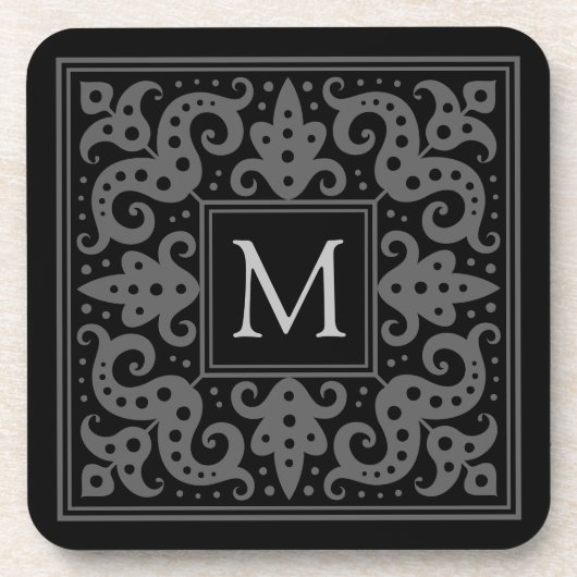 Elegant monogram initiaal zwarte grijze  grens bier onderzetter (Voorkant)