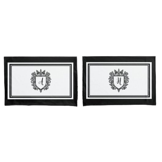 Elegant Monogram Initialen Crest Zwart op Wit Kussensloop (Voorkant-Set)