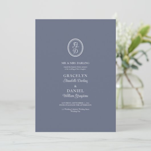 Elegant Monogram Initialen Donker Dusty Blue White Kaart (Staand voorkant)