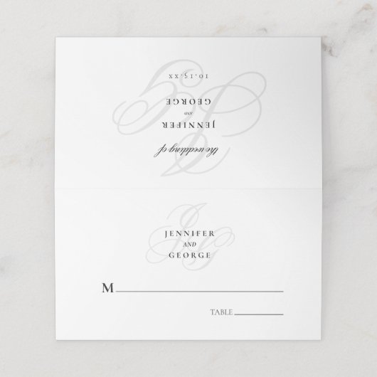 Elegant monogram initialen stijlvolle witte bruilo plaatskaartje (Buitenkant ongevouwen)