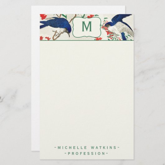 Elegant Monogram Japans Woodblock Bird Briefpapier (Voorkant / Achterkant)