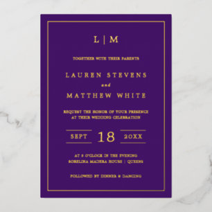 Elegant Monogram Juweeltoon Paarse Trouw Goud Folie Uitnodiging