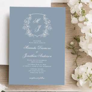Elegant Monogram Kam Stoffig Blauw Bruiloft Kaart