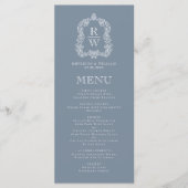 Elegant Monogram Kam Stoffig Blauw Bruiloft Menu (Voorkant)