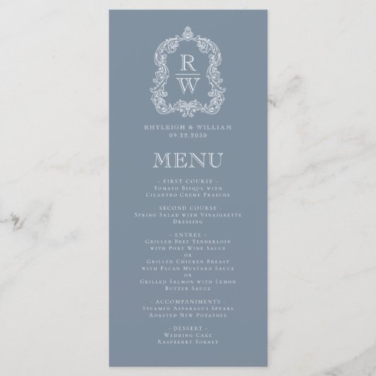 Elegant Monogram Kam Stoffig Blauw Bruiloft Menu (Voorkant)