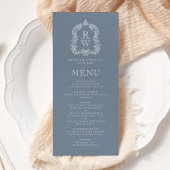 Elegant Monogram Kam Stoffig Blauw Bruiloft Menu