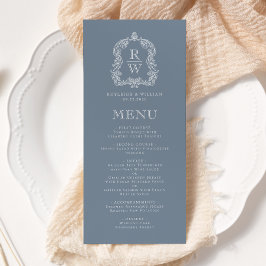 Elegant Monogram Kam Stoffig Blauw Bruiloft Menu