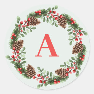Elegant Monogram Kerst Kegels Krans Ronde Sticker