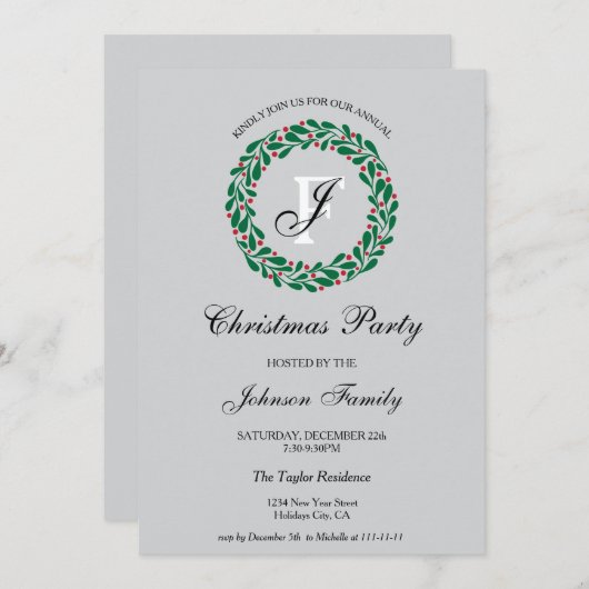 Elegant Monogram Kerstkrans Dinner Party Kaart (Voorkant / Achterkant)
