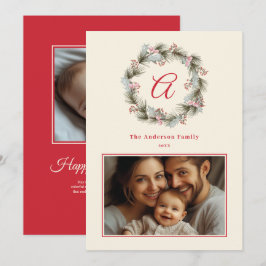 Elegant Monogram Kerstkrans Familiefoto Feestdagenkaart