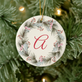 Elegant Monogram Kerstkrans Familiefoto Keramisch Ornament