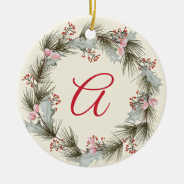 Elegant Monogram Kerstkrans Familiefoto Keramisch Ornament