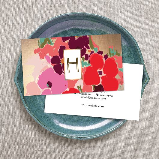Elegant Monogram, Kleurrijke Bloemen, Goud Visitekaartje
