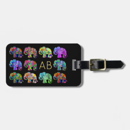 Elegant monogram kleurrijke ornamentale olifanten bagagelabel