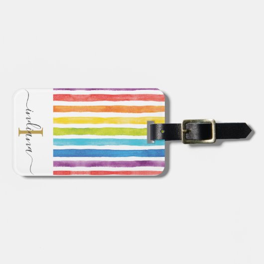 Elegant Monogram Kleurrijke Waterverf Regenboog Bagagelabel (Voorkant horizontaal)