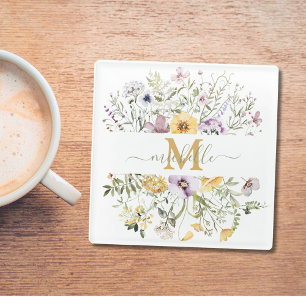 Elegant Monogram Kleurrijke Wilde Bloementuin Bloe Glazen Onderzetter