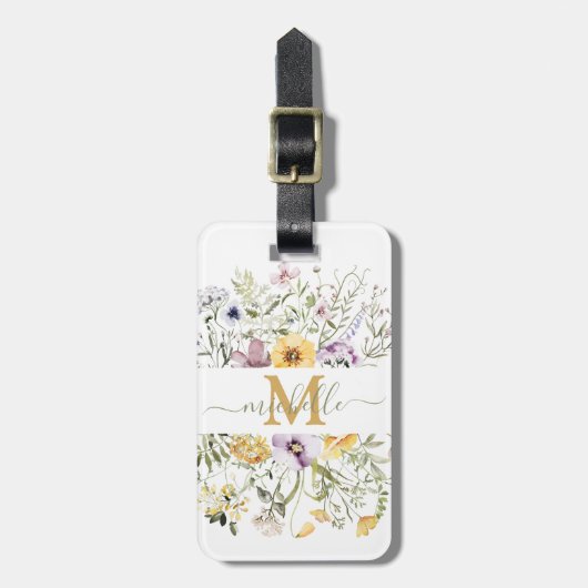 Elegant Monogram Kleurrijke Wildflower Tuin Bloeme Bagagelabel (Voorkant verticaal)