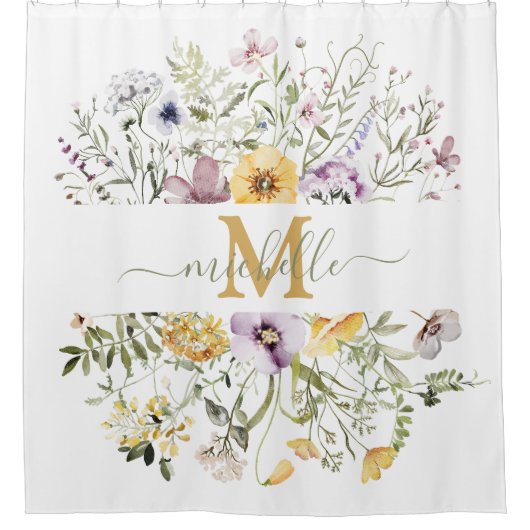 Elegant Monogram Kleurrijke Wildflower Tuin Bloeme Douchegordijn (Voorkant)