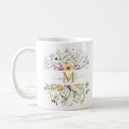 Elegant Monogram Kleurrijke Wildflower Tuin Bloeme Koffiemok (Links)