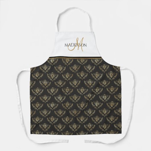 Elegant monogram, koningin bijen, zwart en goud schort (Voorkant)