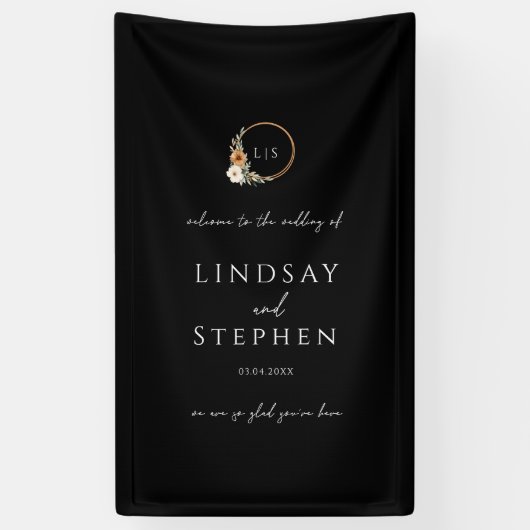Elegant Monogram Koper Aards Zwart Bruiloft Spandoek (Verticaal)