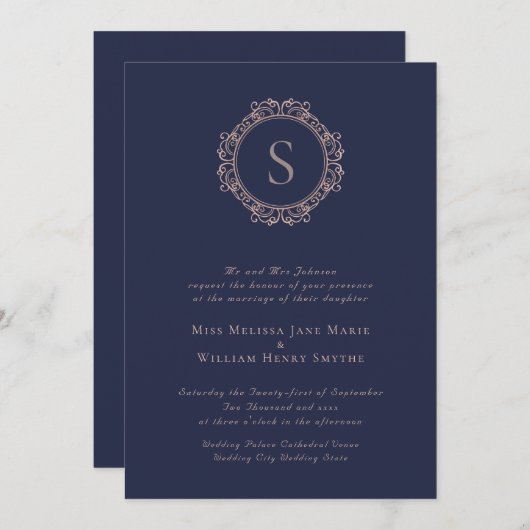 Elegant Monogram Koper Blush Navy Bruiloft Kaart (Voorkant / Achterkant)