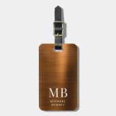 Elegant monogram koper bruin geborsteld metaal bagagelabel (Voorkant verticaal)
