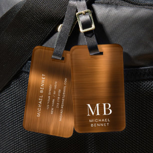 Elegant Monogram Koper Bruin Geborsteld Metaal  Bagagelabel