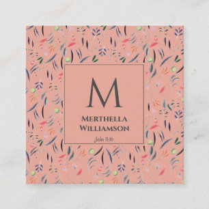 Elegant MONOGRAM Koraal Roze Bloemen Vierkante Visitekaartje
