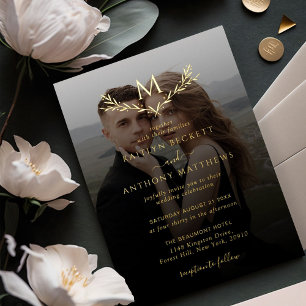 Elegant Monogram Krans Foto Huwelijk Real Folie Uitnodiging