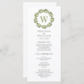 Elegant Monogram Krans Groen Blad Bruiloft Programmakaart (Voorkant / Achterkant)