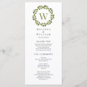 Elegant Monogram Krans Groen Blad Bruiloft Programmakaart (Voorkant)