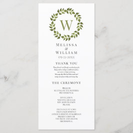 Elegant Monogram Krans Groen Blad Bruiloft Programmakaart