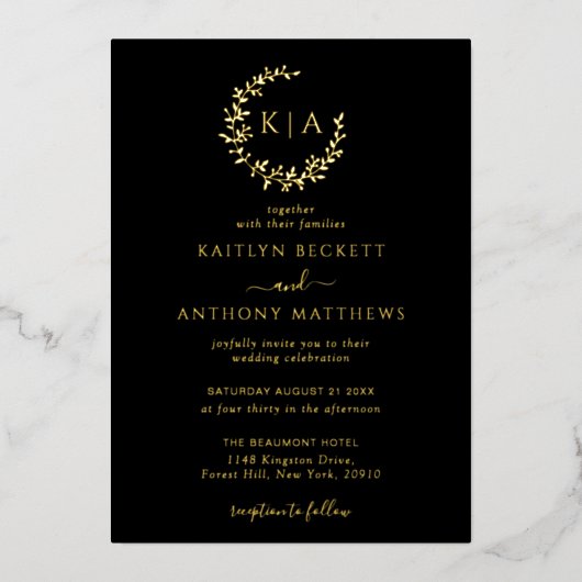 Elegant Monogram Krans Huwelijk Echt Folie Uitnodiging (Voorkant)