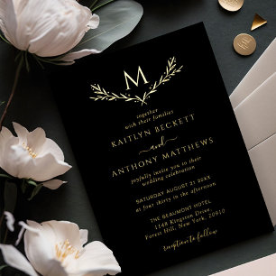 Elegant Monogram Krans Huwelijk Echt Folie Uitnodiging