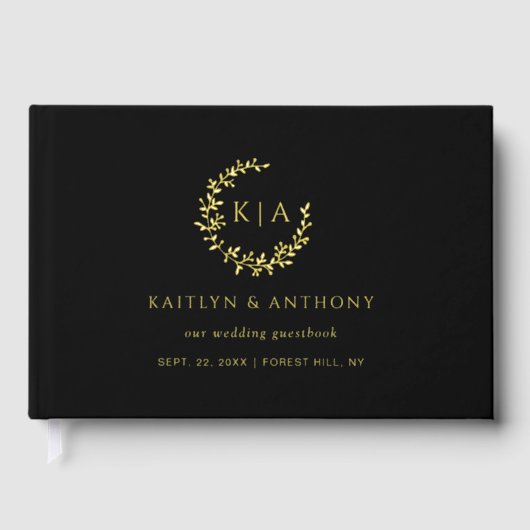 Elegant Monogram Krans Huwelijk Echt Gastenboek (Voorkant)