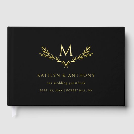 Elegant Monogram Krans Huwelijk Echt Gastenboek (Voorkant)