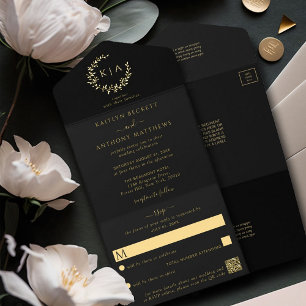 Elegant Monogram Krans Huwelijk Echte Folie gepers All In One Uitnodiging