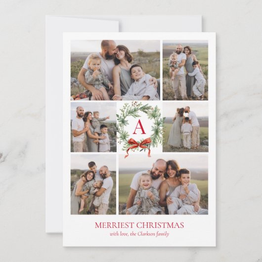 Elegant Monogram Krans Kerstmis Zes Foto Feestdagenkaart (Voorkant)