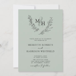 Elegant Monogram Krans Sage Bruiloft Kaart