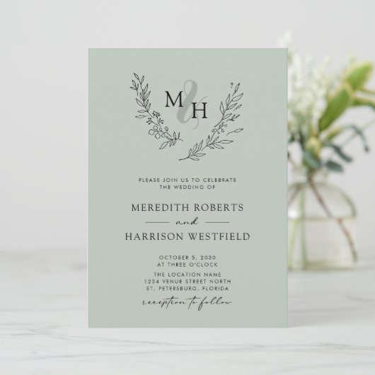 Elegant Monogram Krans Sage Bruiloft Kaart (Staand voorkant)