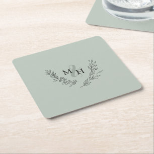 Elegant Monogram Krans Sage Bruiloft Kartonnen Onderzetters