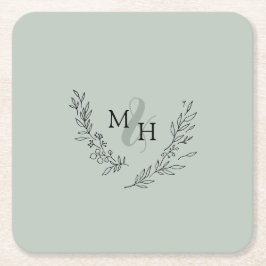 Elegant Monogram Krans Sage Bruiloft Kartonnen Onderzetters
