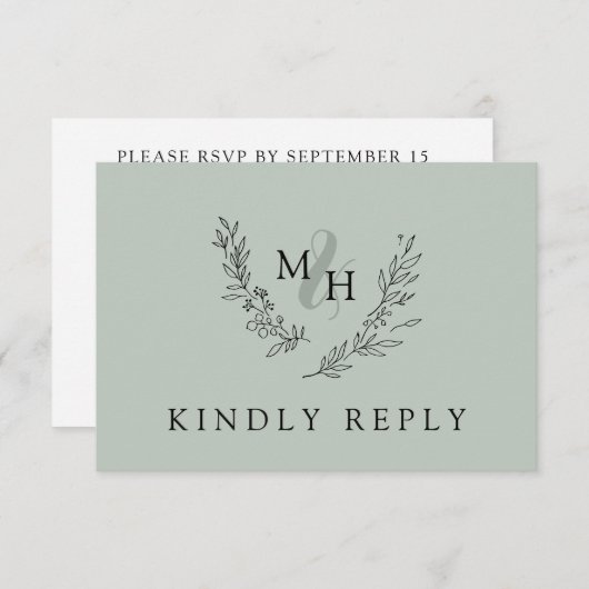 Elegant Monogram Krans Sage Bruiloft RSVP Kaartje (Voorkant / Achterkant)