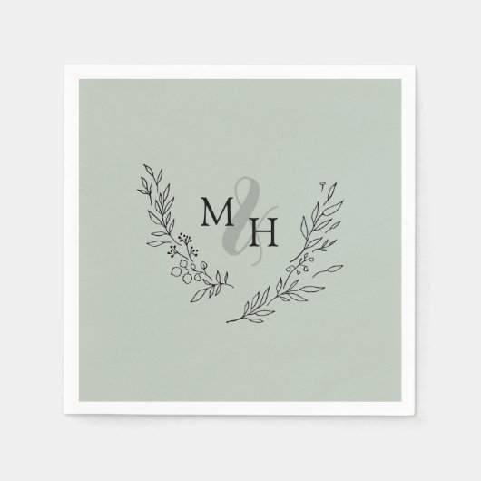 Elegant Monogram Krans Sage Bruiloft Servet (Voorkant)