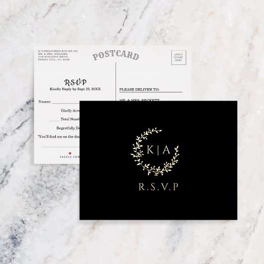 Elegant Monogram Krans Trouwen RSVP Real Folie Uitnodiging Briefkaart