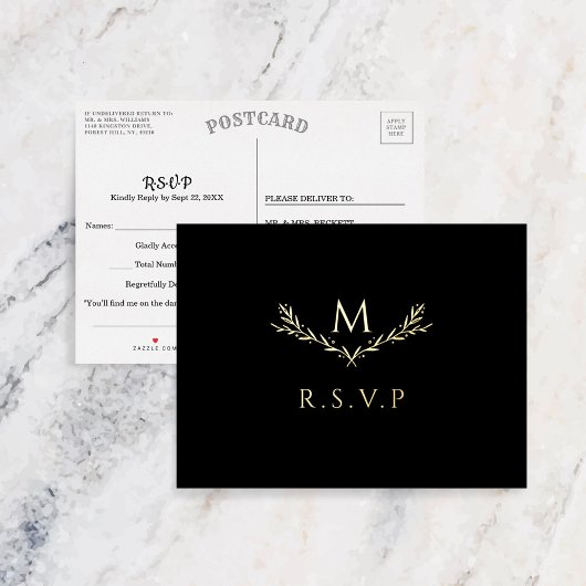 Elegant Monogram Krans Trouwen RSVP Real Folie Uitnodiging Briefkaart